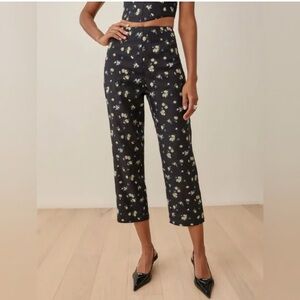 Reformation Black Embroidered Floral Pinegrove Linen Pants